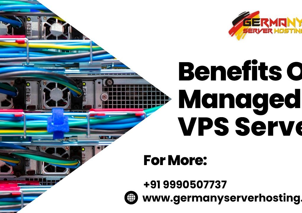 Illustration depicting the Benefits of Managed VPS Server: A dynamic server icon surrounded by icons representing optimal performance, expert management, scalability, security, and user-friendly control.